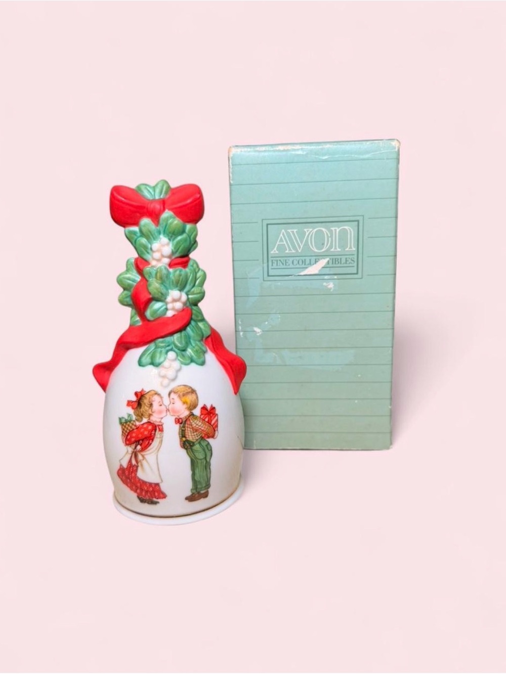Vintage 1989 Avon Under the Mistletoe Porcelain Christmas Bell NIB Collectible